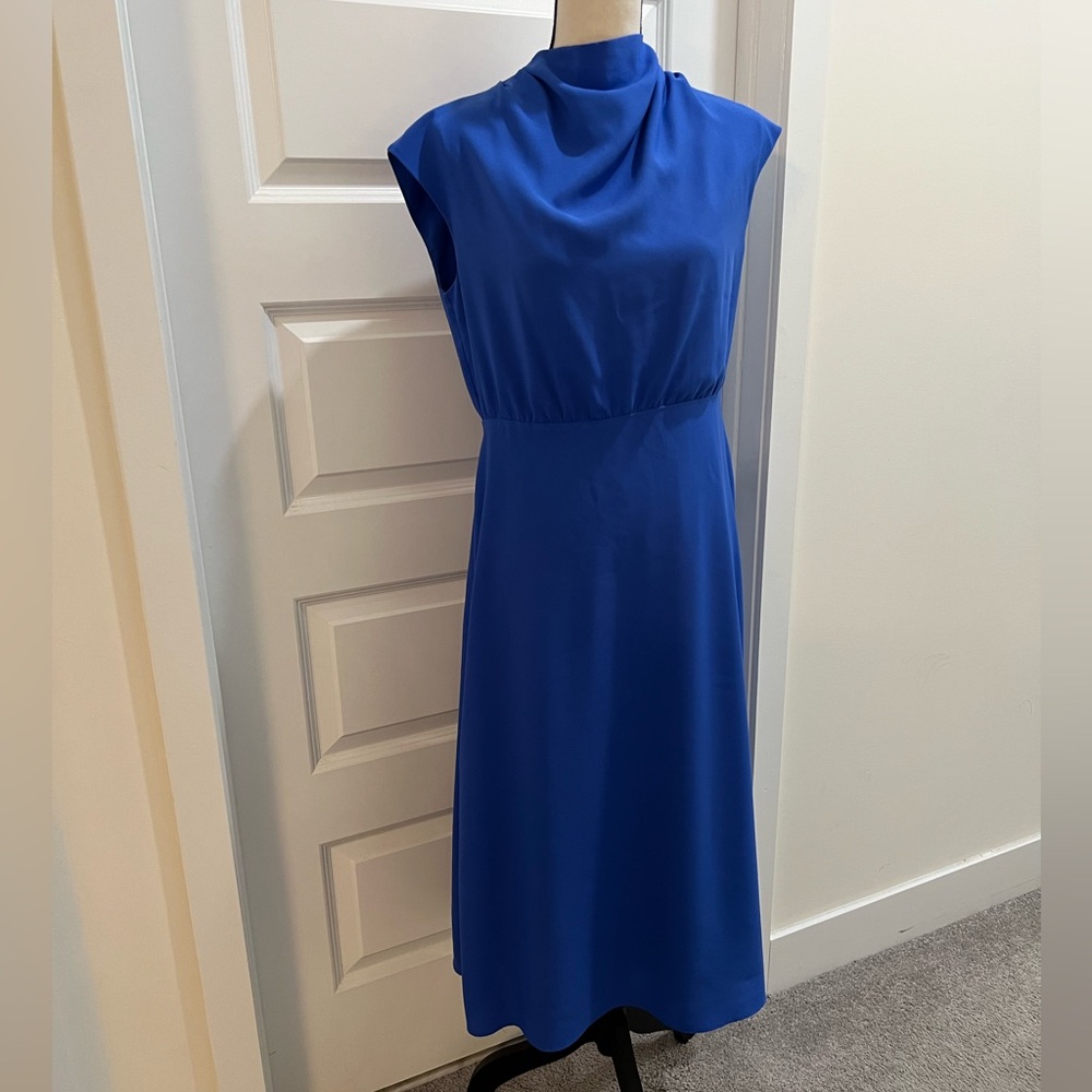 Ann Taylor Mock Neck Midi Flare Blue Dress